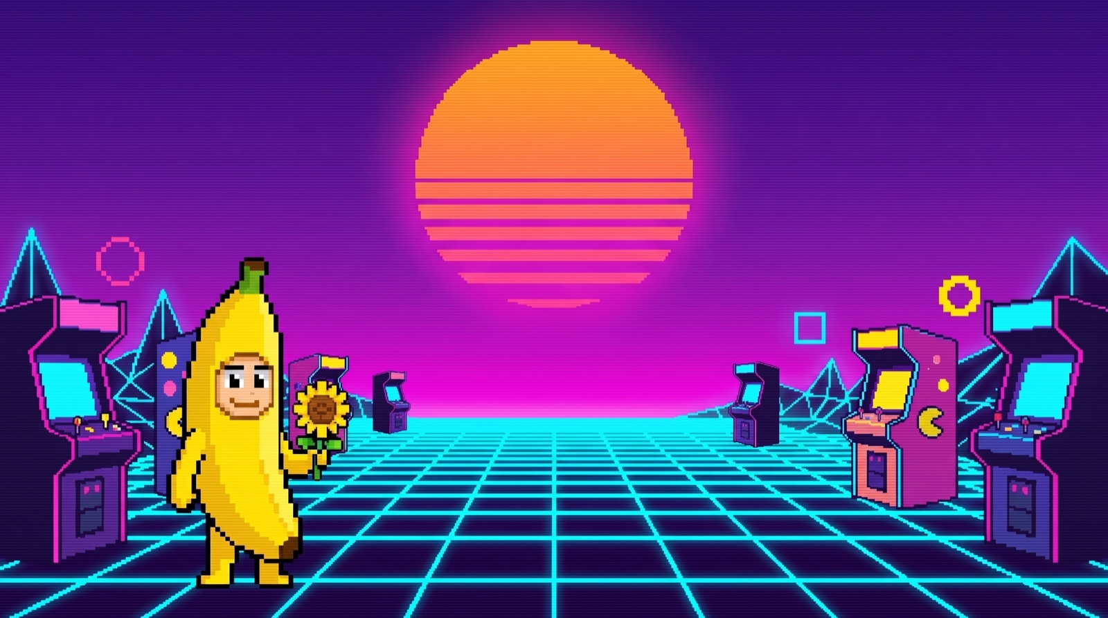 Synthwave arcade scene: the pixel-art Banana Bytes mascot, glowing arcade cabinets, a neon grid floor and a pixel sun.