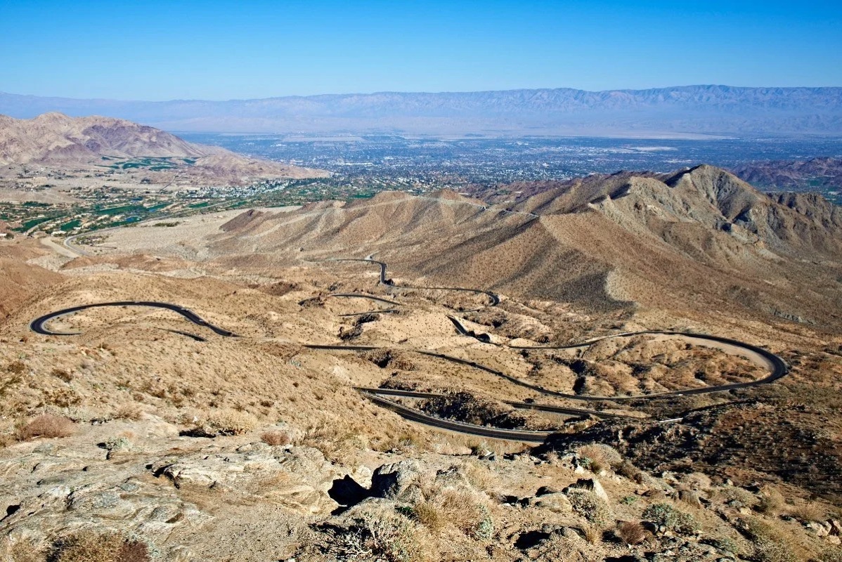 Aerial view of the winding Highway 74 above the Coachella Valley