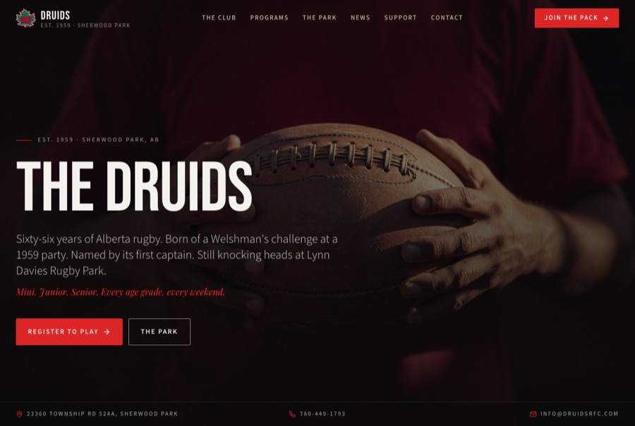 Strathcona Druids RFC — heritage editorial rugby club homepage concept