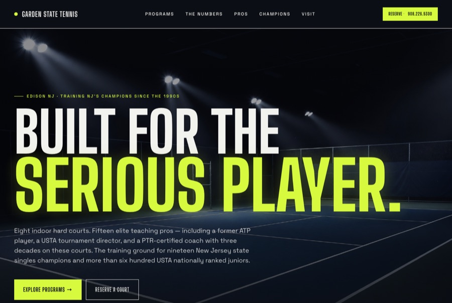 Garden State Tennis — dark, high-energy New Jersey tennis academy homepage concept