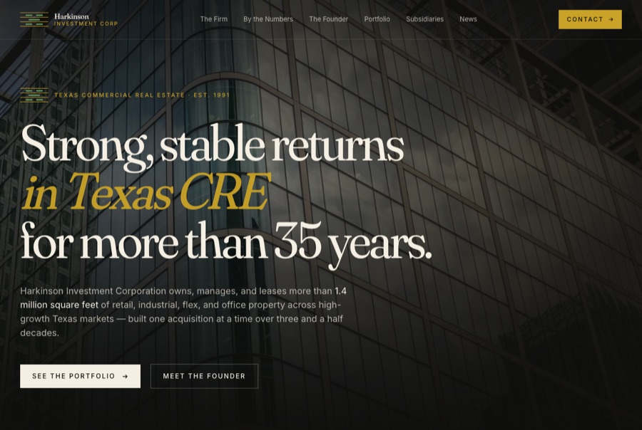 Harkinson Investments — corporate Texas commercial real estate homepage concept