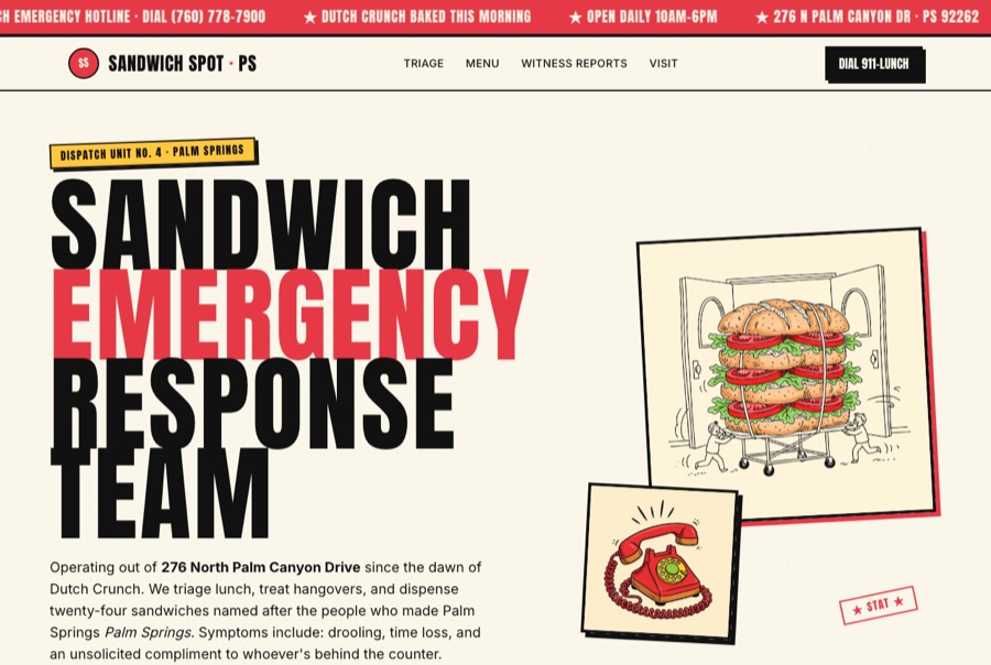 The Sandwich Spot — bold editorial 'sandwich emergency response team' homepage concept