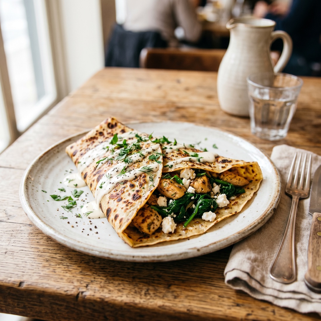 Savory crêpe filled with chicken, spinach and feta