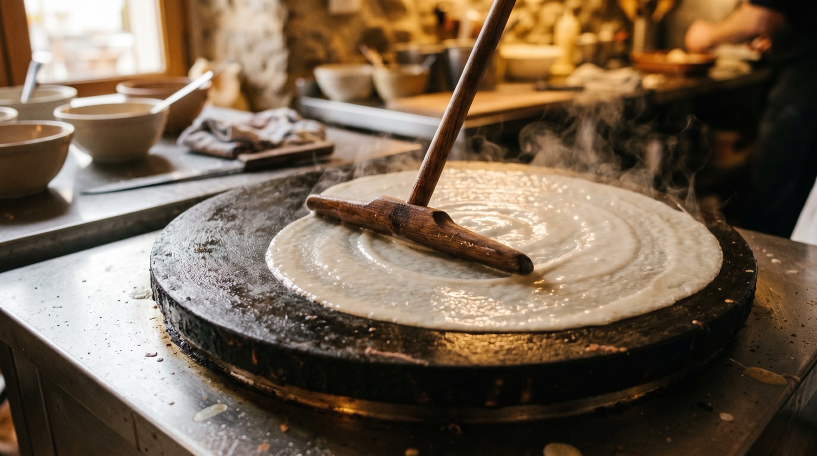 Crêpe batter spread on a hot griddle with a wooden rozell and rising steam