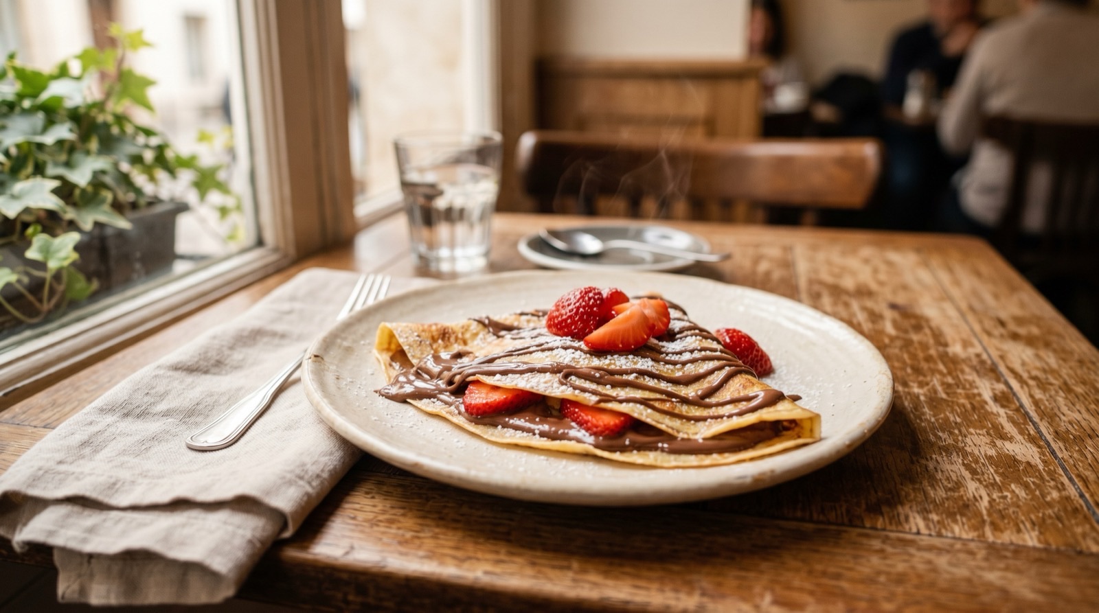 A folded crêpe with Nutella drizzle, fresh strawberries and powdered sugar