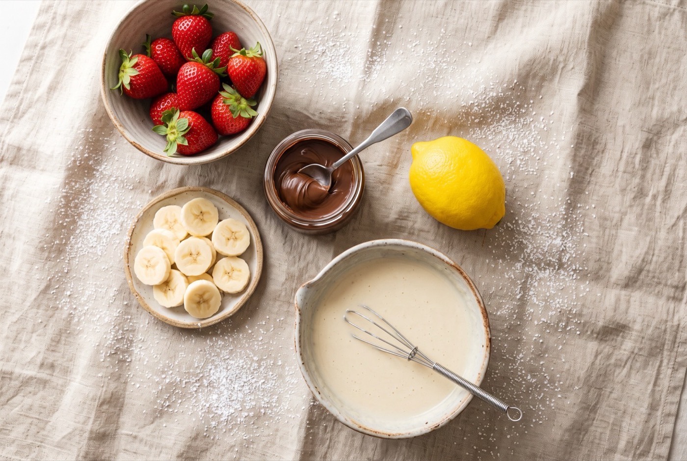 Flat-lay of strawberries, banana, chocolate-hazelnut spread and lemon