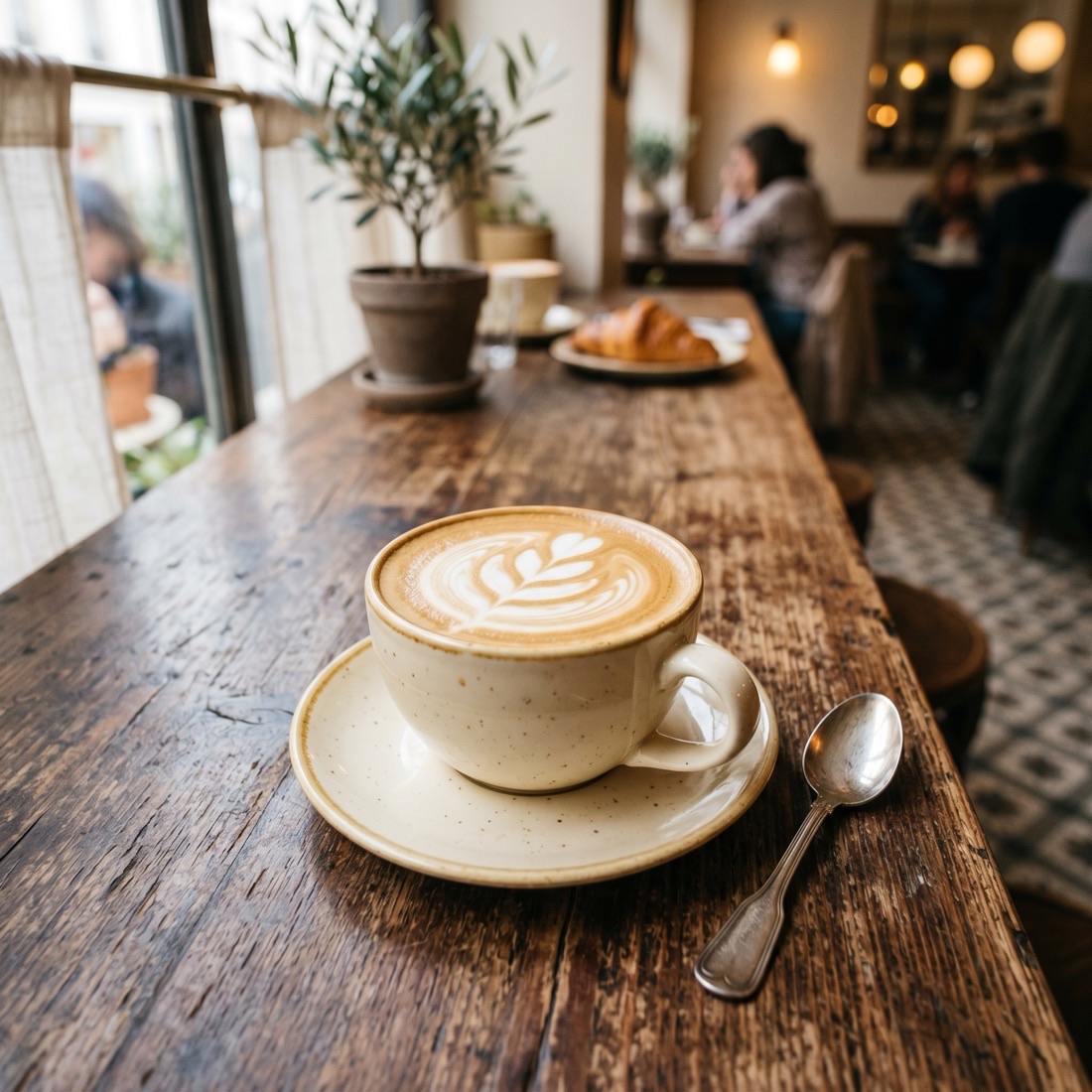 Cappuccino with leaf latte art on a café table