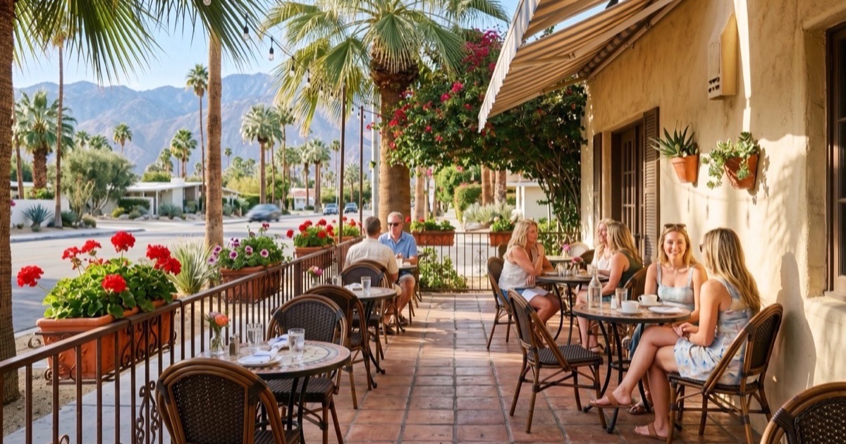 Sunset Boulevard direction — a sunny Palm Springs café patio
