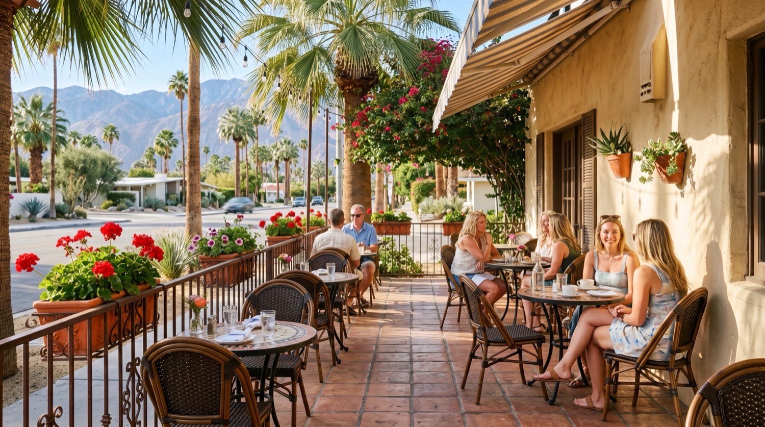 Sunny Palm Springs café patio with bistro tables, iron railing and red geraniums