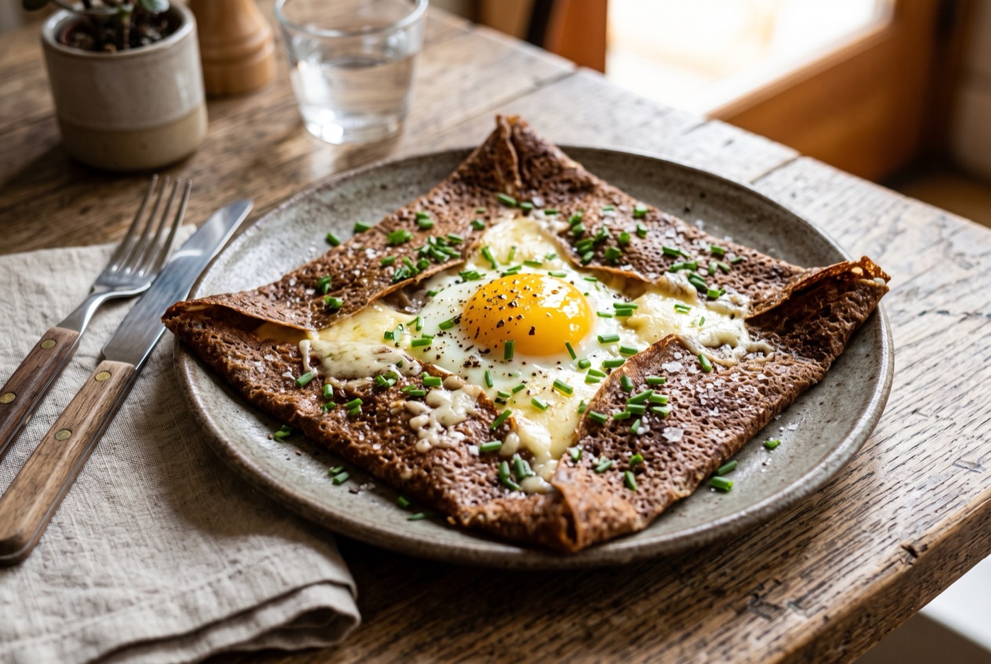 Savory buckwheat galette with runny egg, gruyère and chives