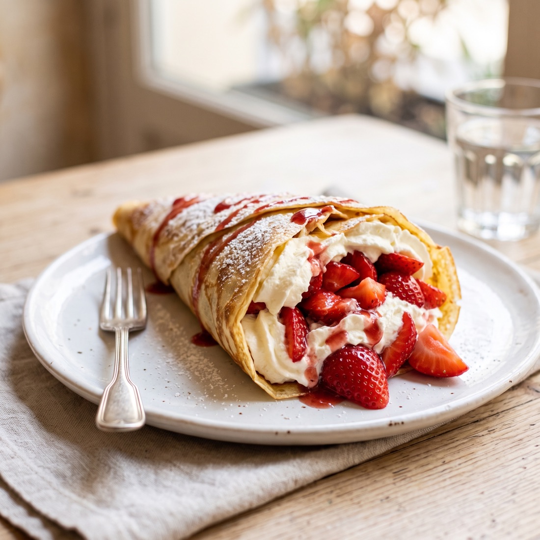 Crêpe with fresh strawberries, house whipped crème and powdered sugar